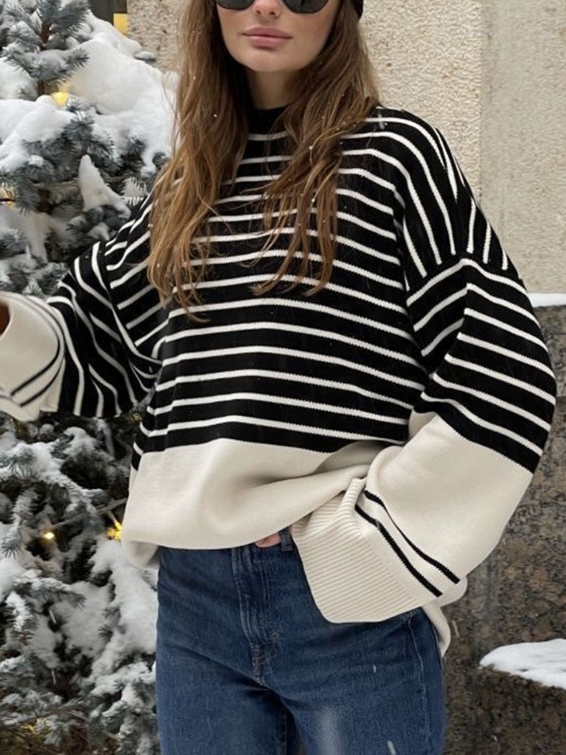 Manuela | Striped long-sleeved sweater with stand-up collar