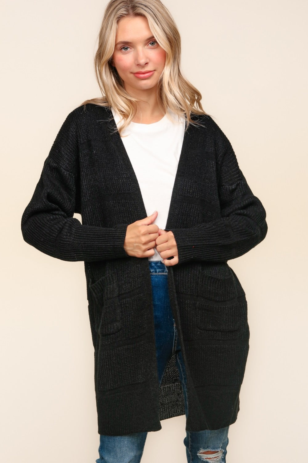 Judith | Structured, open front cardigan with tactile stripes and pockets