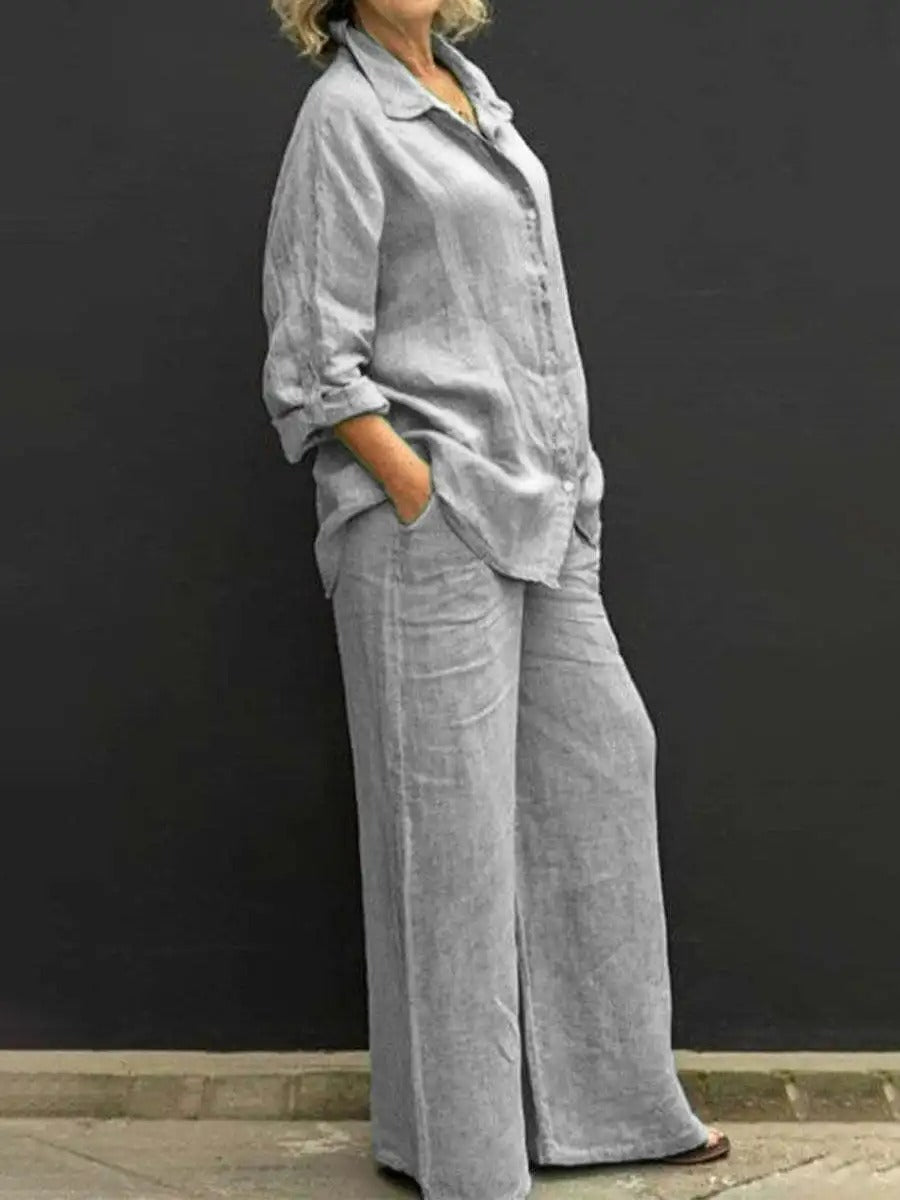Juliana® | Long Sleeve Button Blouse And Loose Straight Trousers For Women