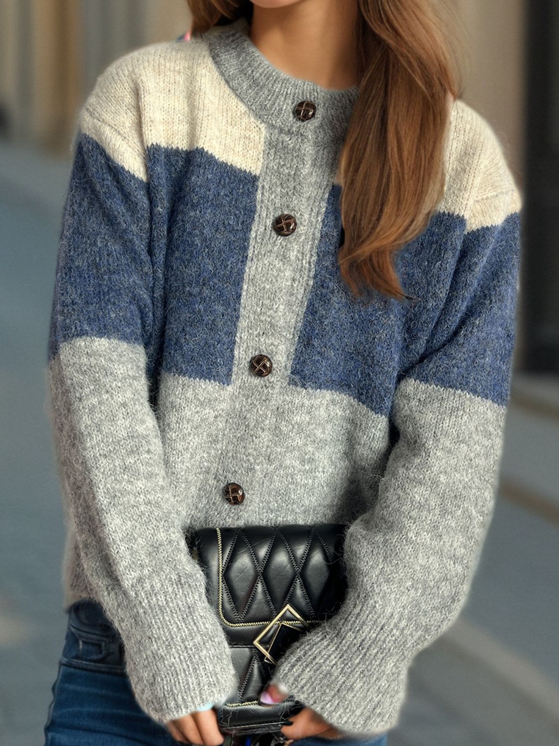 Jacqueline | Color block crew neck cardigan with buttons