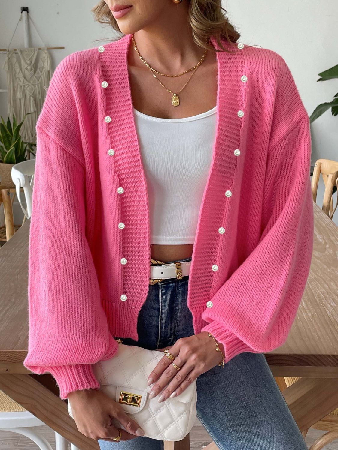 Sibylle | Beaded cardigan with long sleeves and an open front