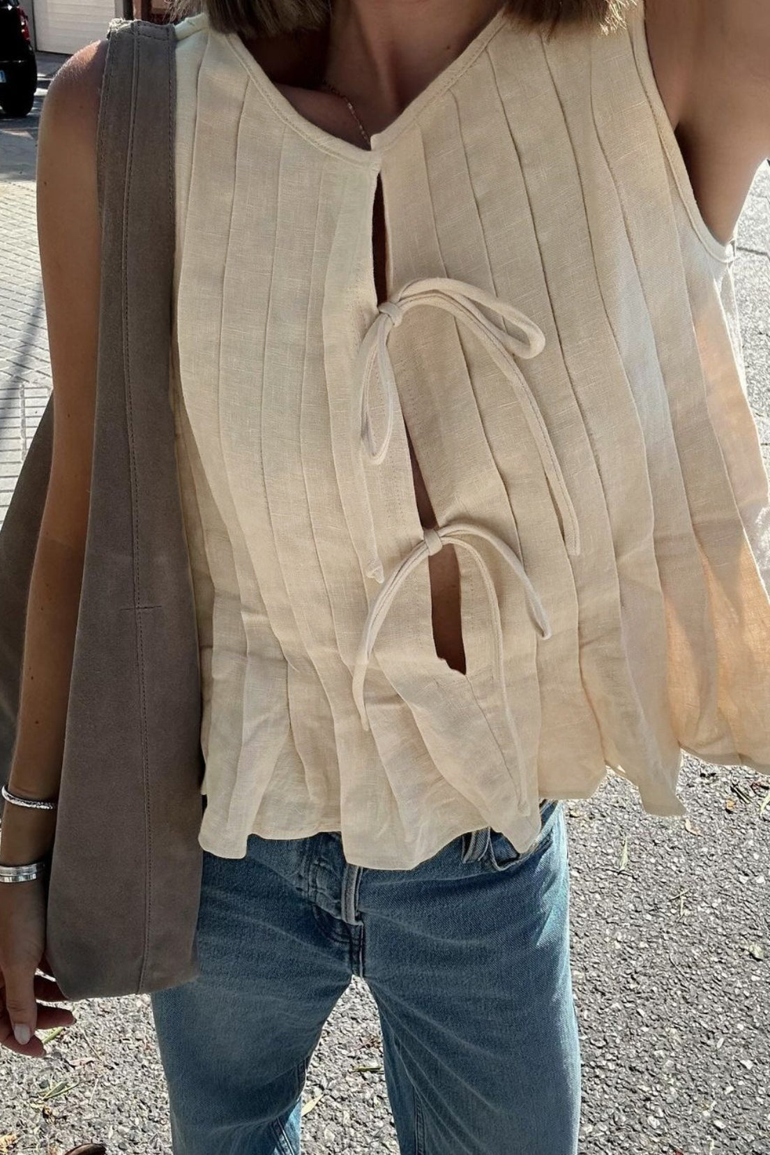 Solid Ruffled Tie Linen Cotton Shirt Tank Top