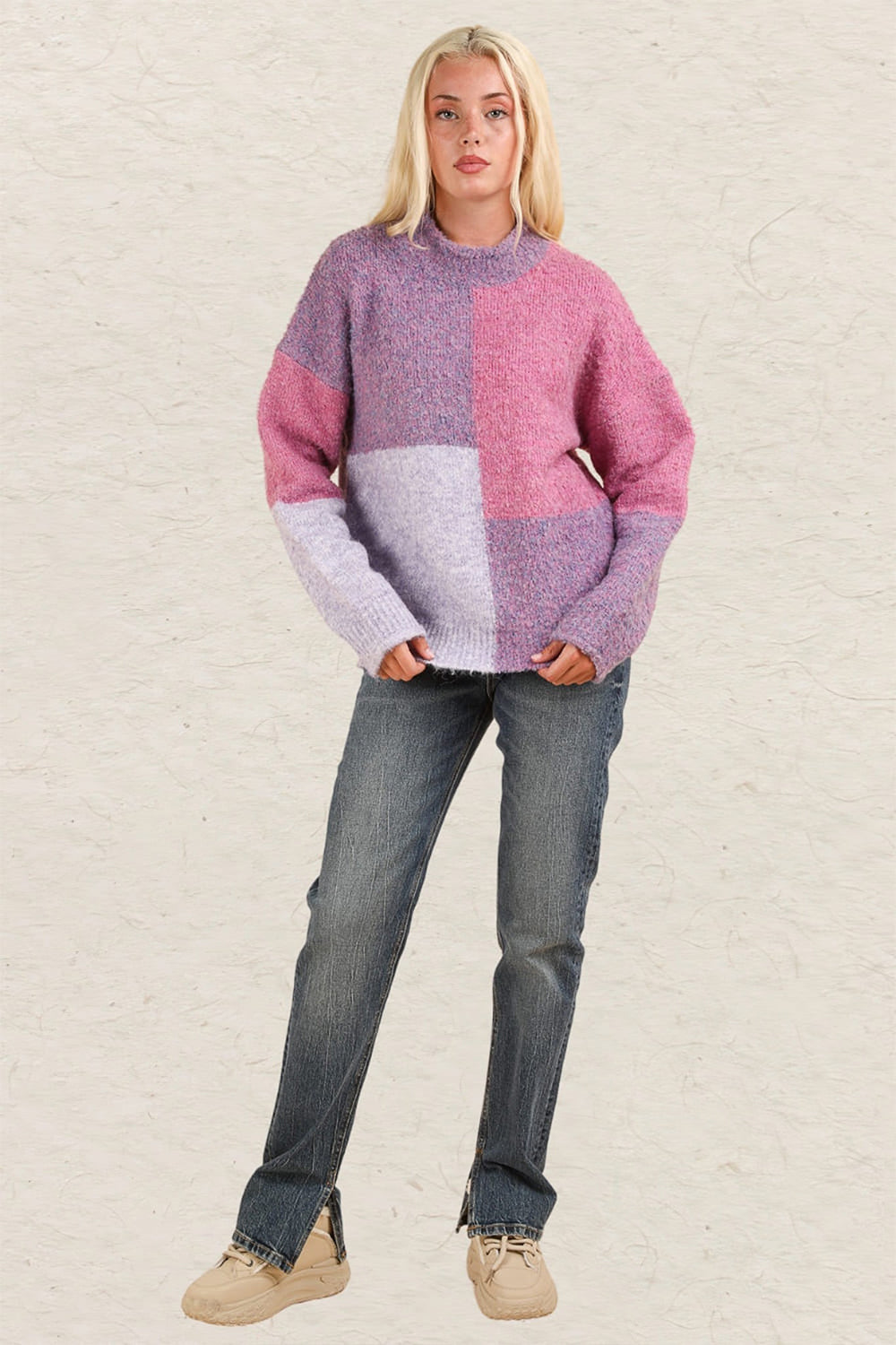 Ramona | Color block sweater with a stand-up collar and dropped shoulders