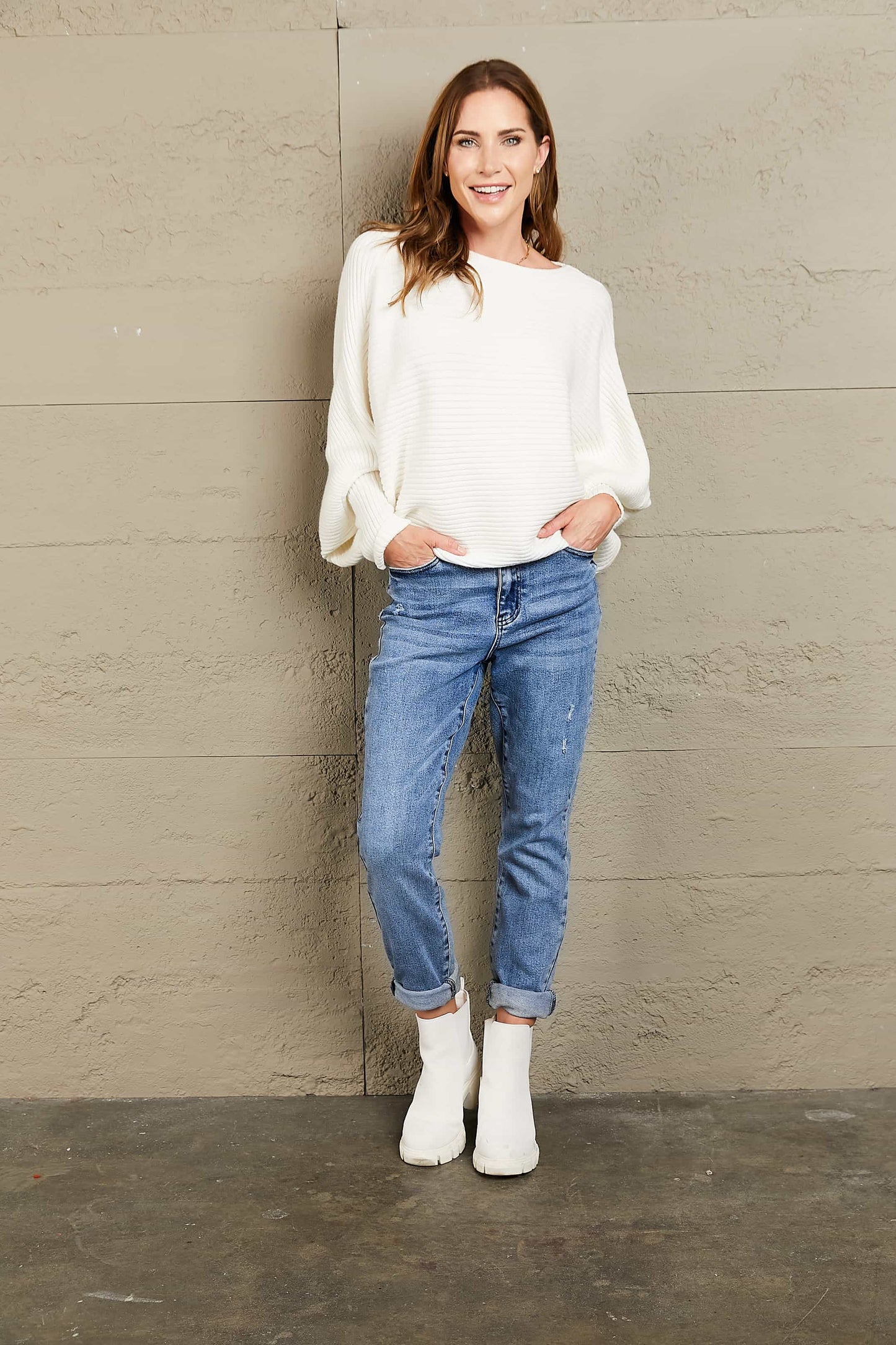 Wendy | Woven right horizontal ribbed sweater with dolman sleeves