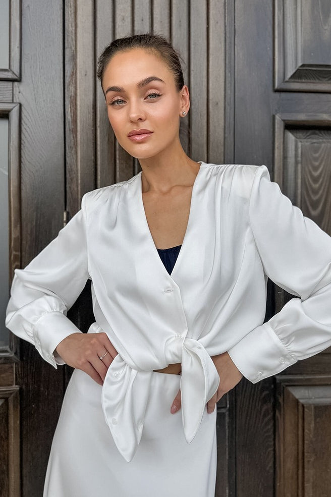 Satin Acetate-like V Neck Tie Long Sleeve Skirt Set