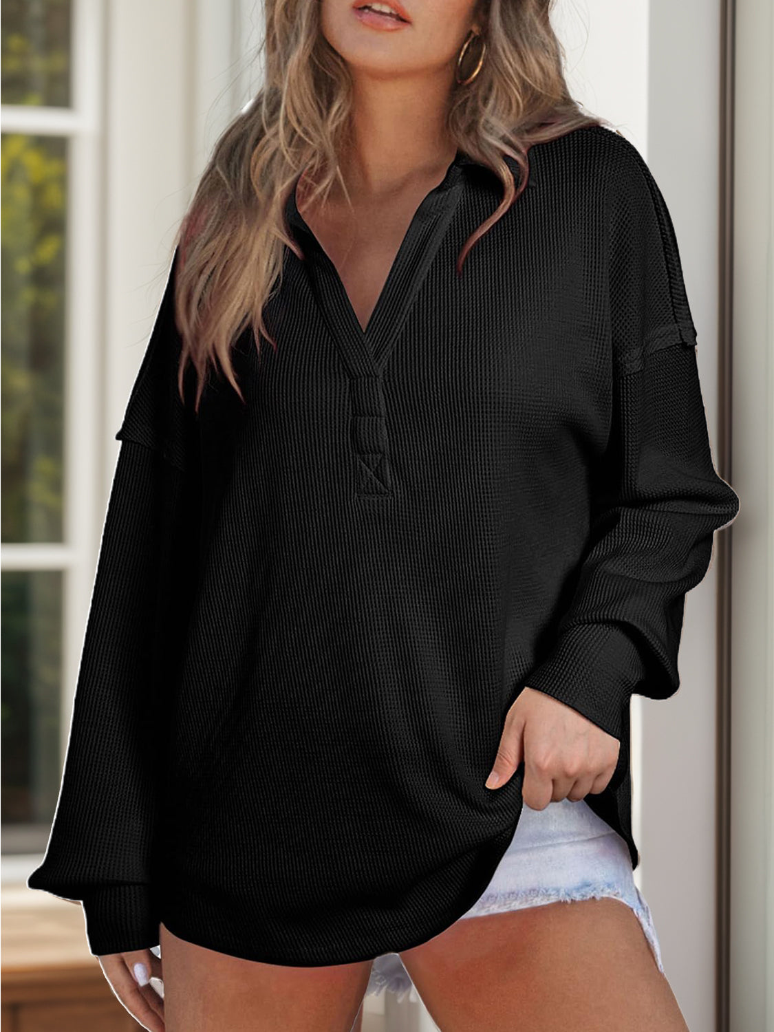 Johanna | Long sleeve waffle knit johnny collar sweatshirt