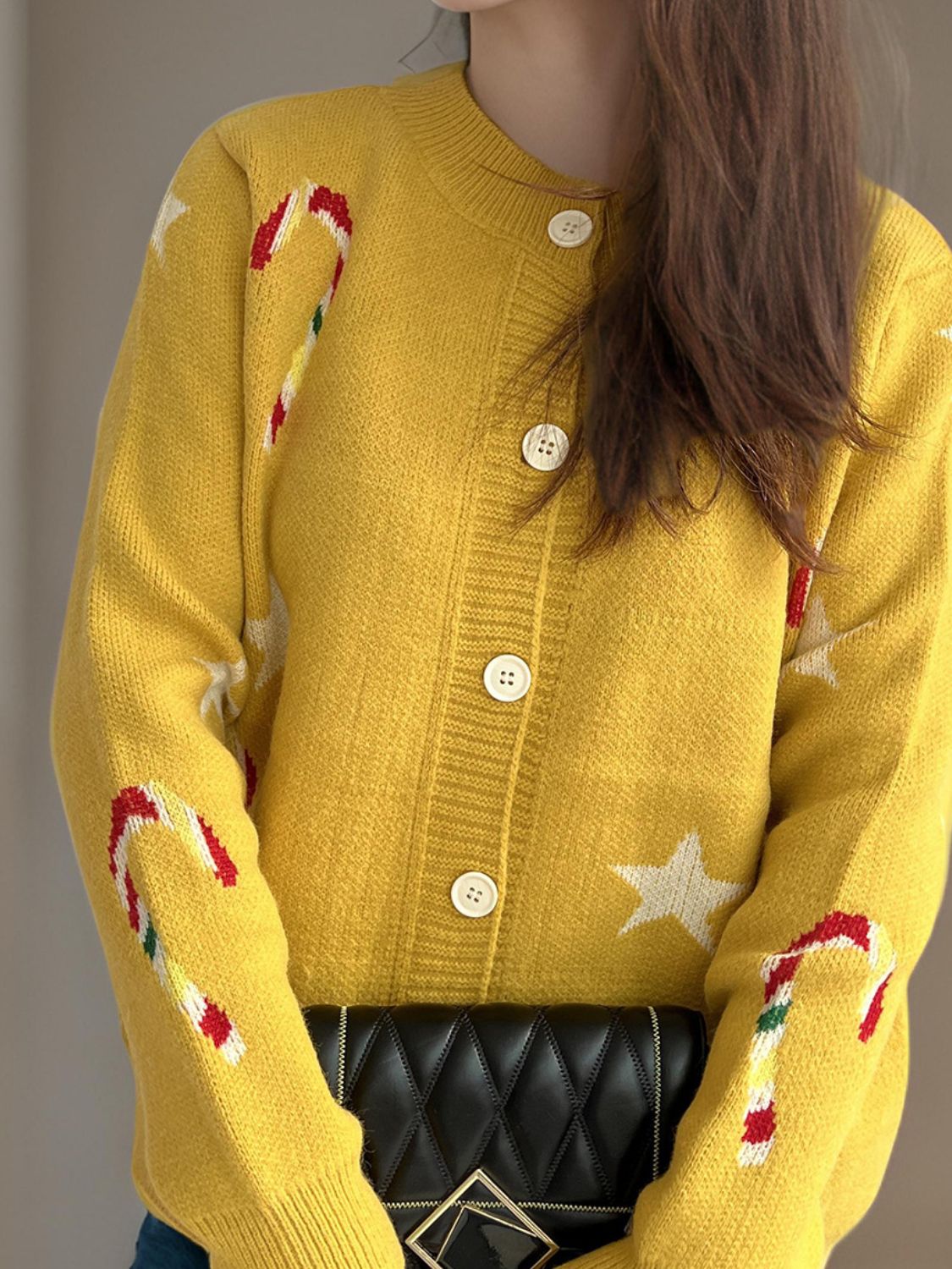 Justina | Candy Cane & Star button-front long-sleeved cardigan.