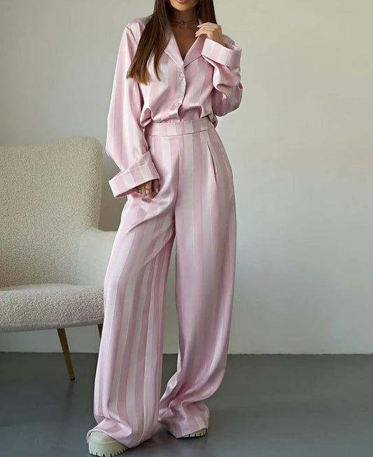 Pink Print Lapel Full Pants Office Two Piece Set