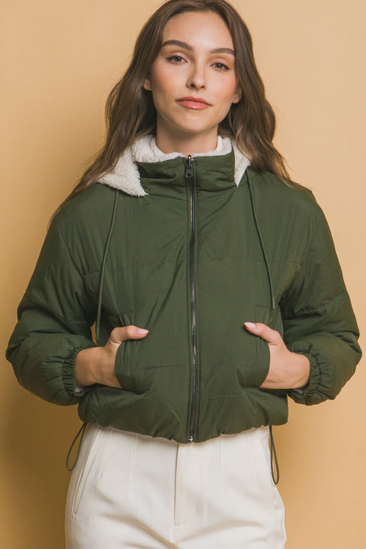 Kimberly | Love Tree cropped reversible hooded zip-up sherpa jacket