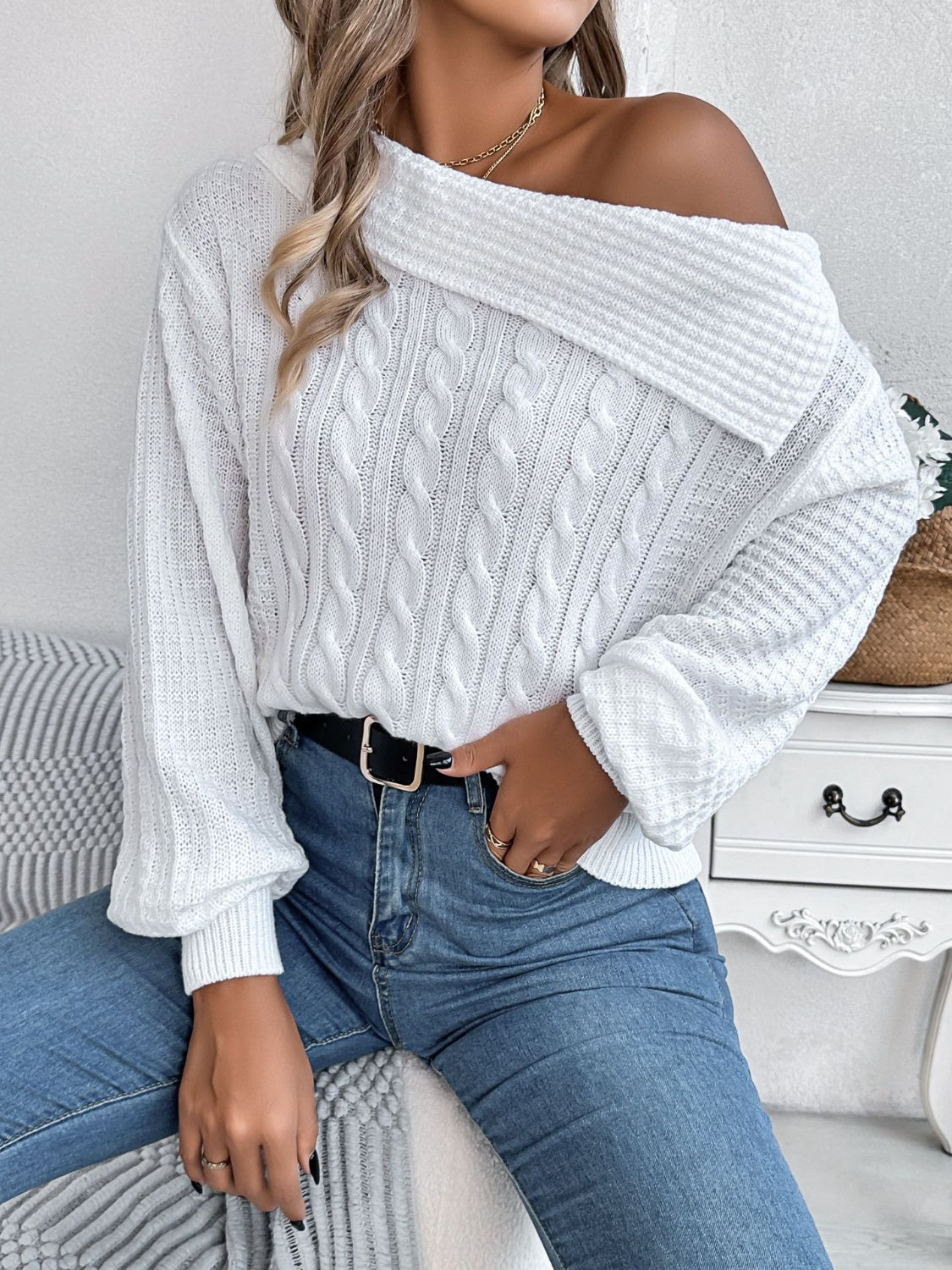 Olivia | Long sleeve cable knit sweater with one shoulder