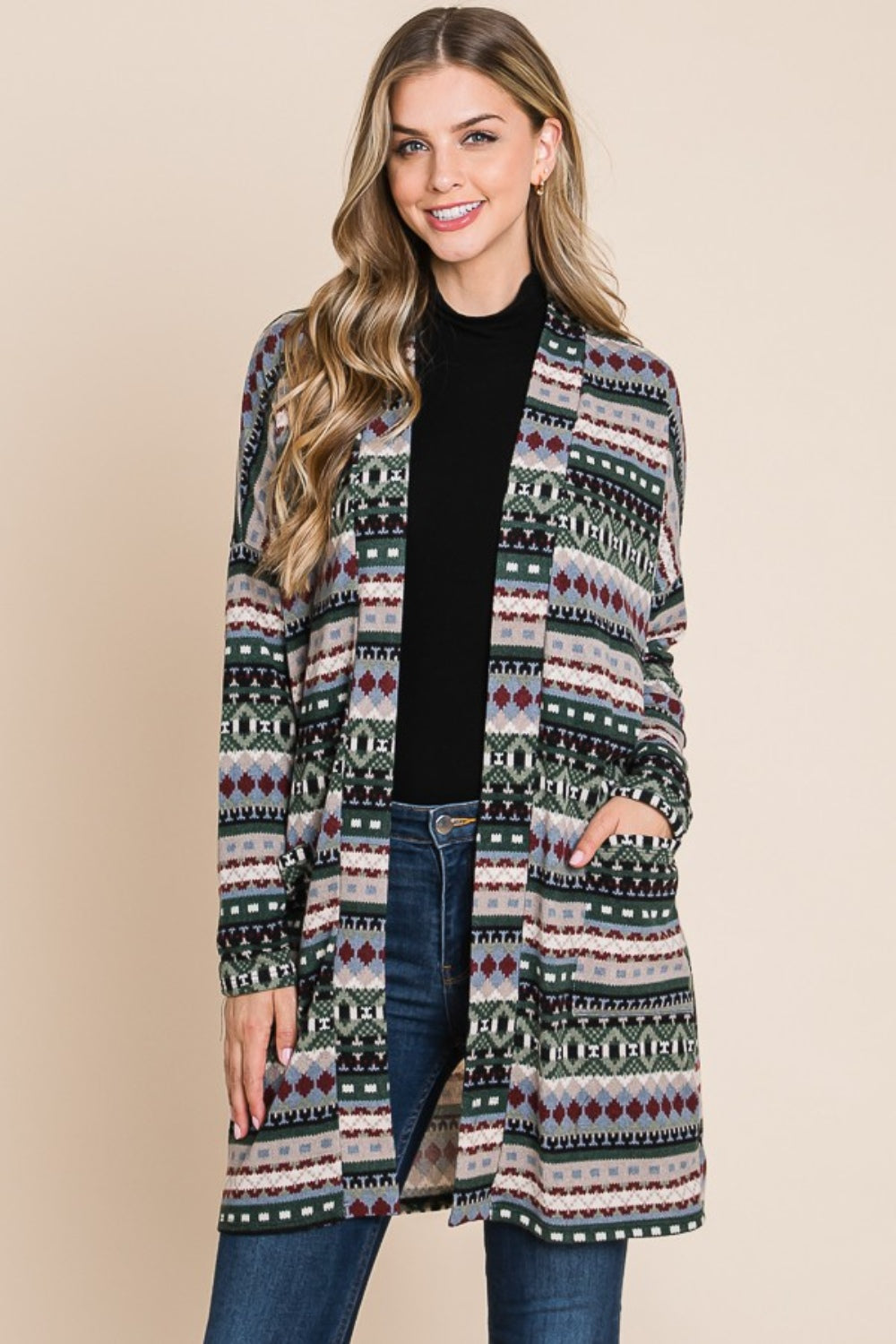 Lisette | Geometric open front long sleeve cardigan with pockets
