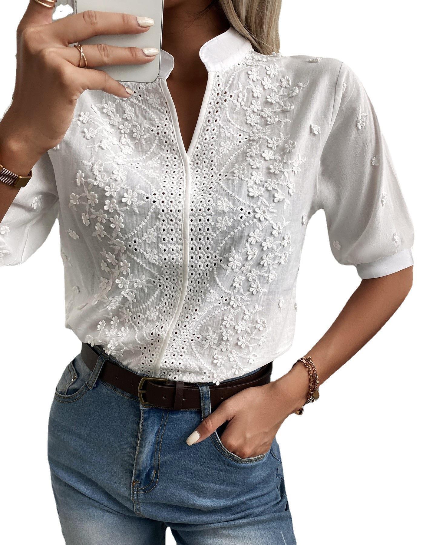 Angetrude® | Women'S Lace Blouse With High Neckline And V-Neck