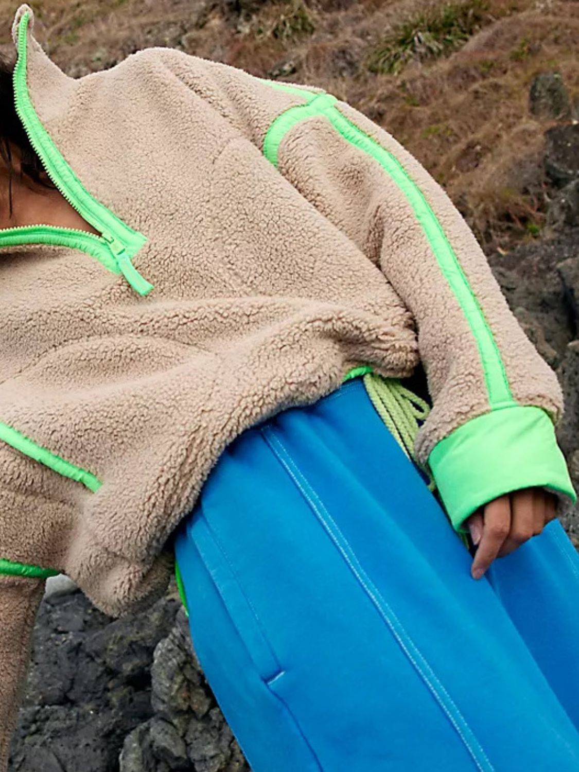 Malena | Long sleeve plush drawstring sweatshirt with contrast half zip