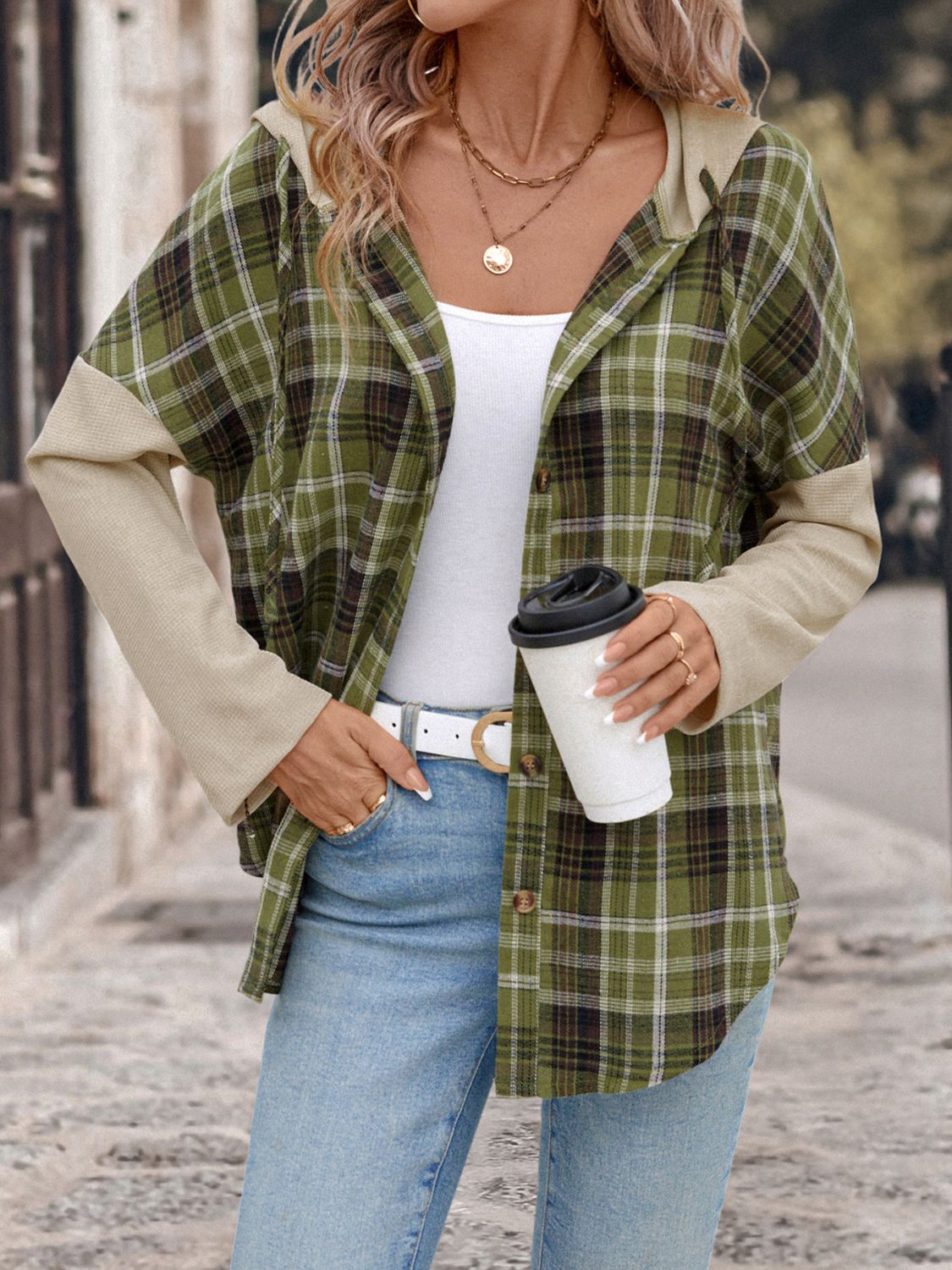 Isadora | Perfee drawstring check long sleeve hooded shirt