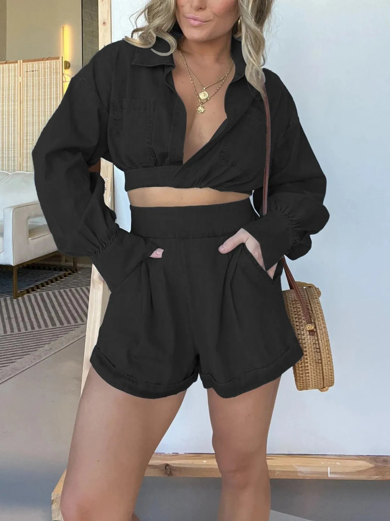 Vittoria® | Stylish Long-Sleeved Denim Tee And Shorts Set