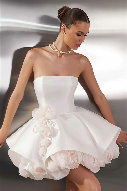 Elegant Satin Bandeau Flower Ball Gown Reception Dress