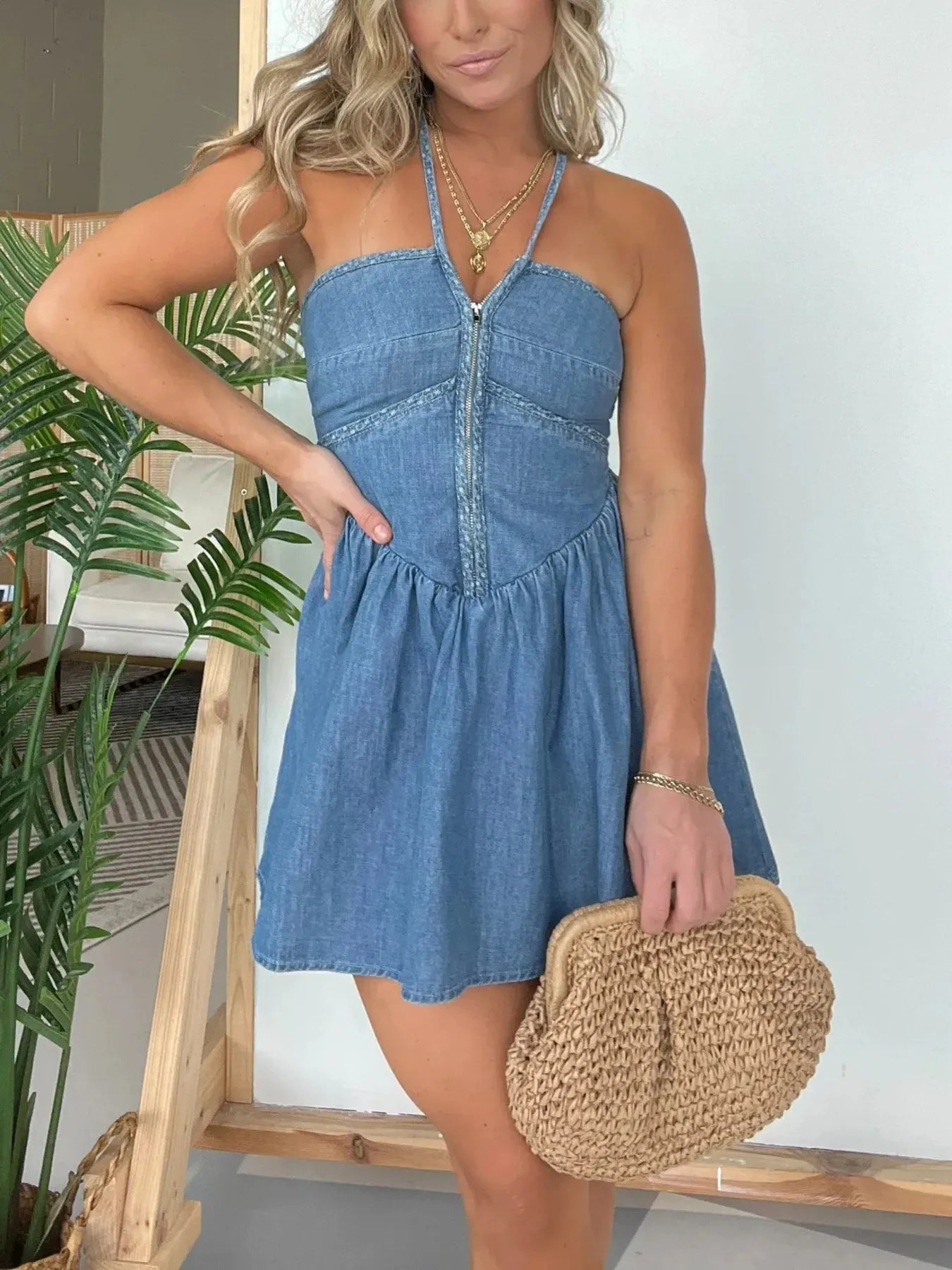 Lara® | Casual Lace Halter Neck Denim Dress