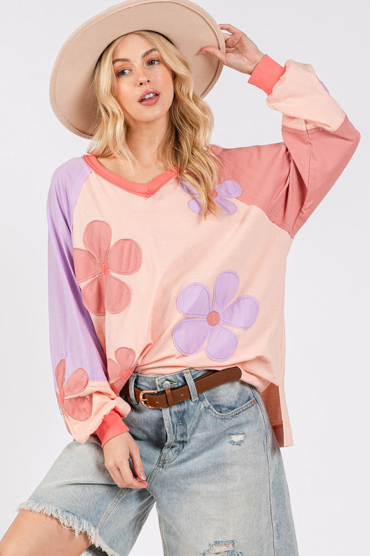 Dulce | SAGE + FIG Long sleeve top with daisy appliqué patch and full size color block