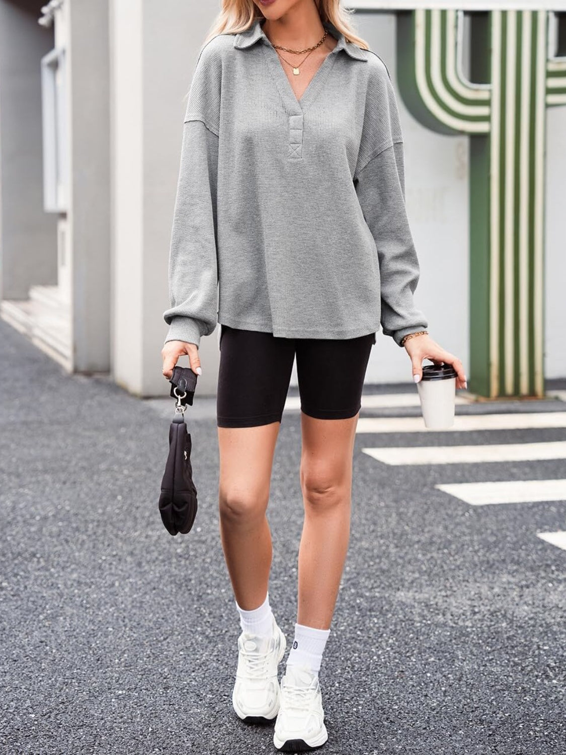 Johanna | Long sleeve waffle knit johnny collar sweatshirt