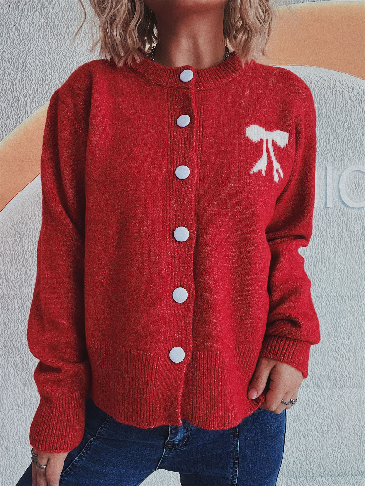 Beate | Long-sleeved cardigan with bow and round neckline and buttons