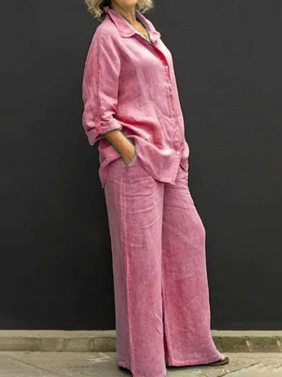 Juliana® | Long Sleeve Button Blouse And Loose Straight Trousers For Women