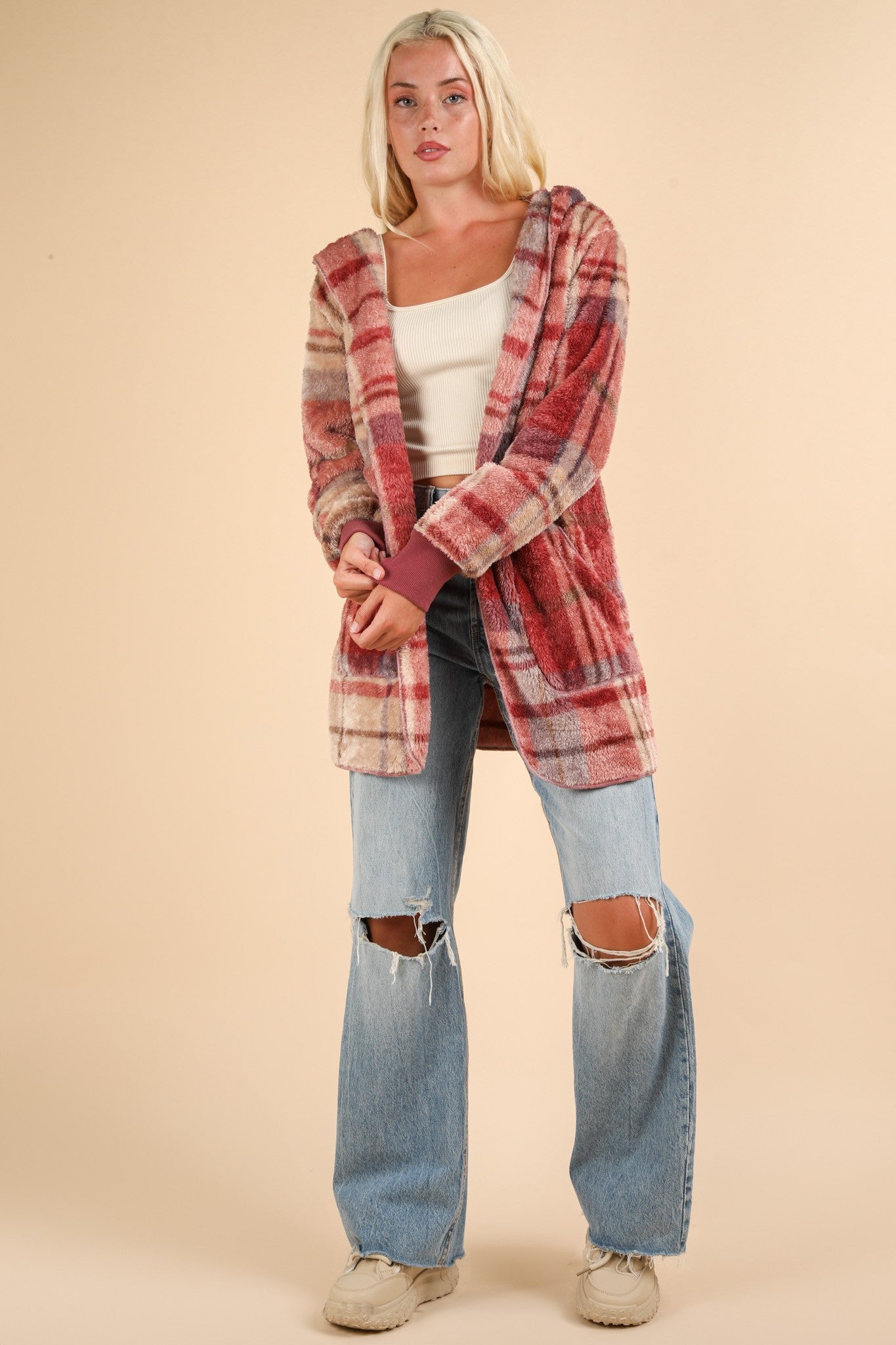 Paloma | VERY J Fuzzy Plaid Long Sleeve Hooded Jacket
