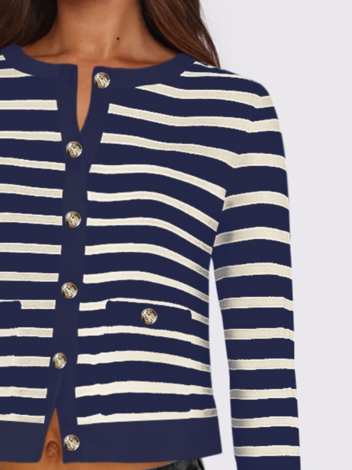 Gabriela | Striped, long-sleeved cardigan with button placket and crew neck