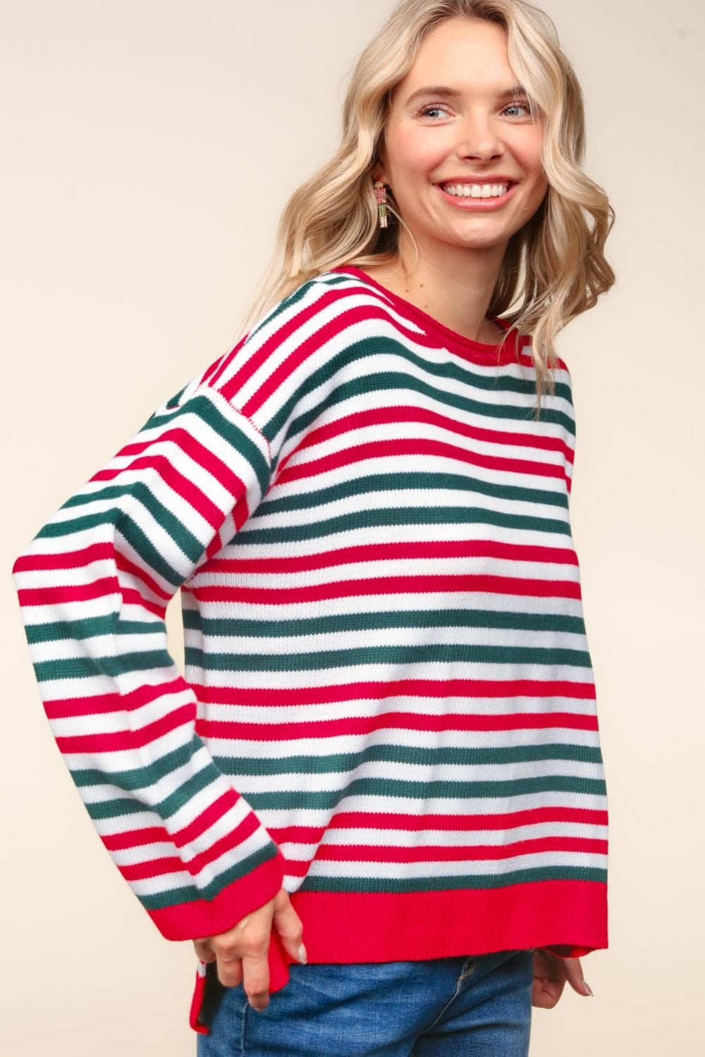 Wendy | Full size Haptics knit top with stripes and contrast side slits