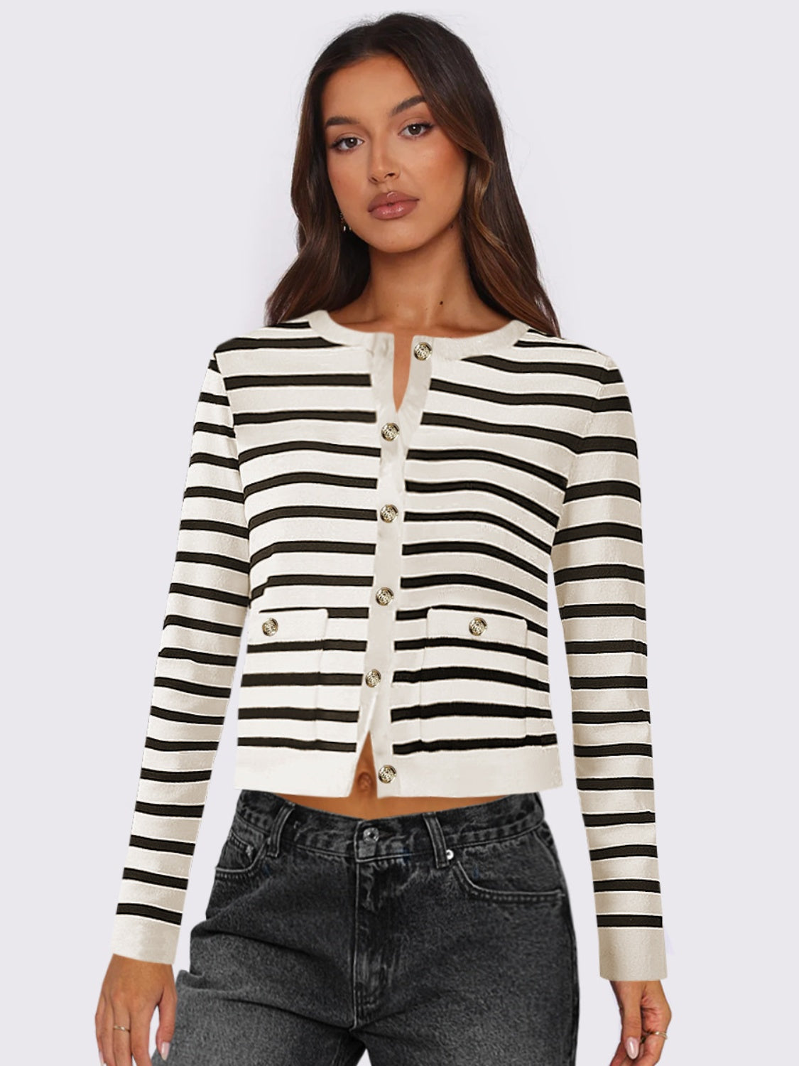 Gabriela | Striped, long-sleeved cardigan with button placket and crew neck