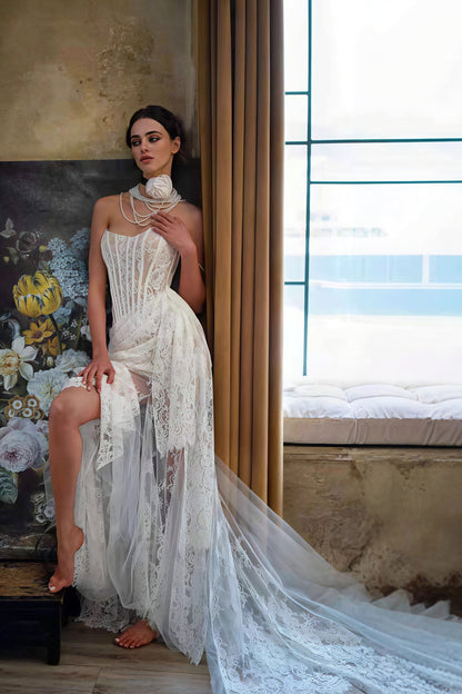 Lace Boned Bandeau High Slit Asymmetrical Reception Dress