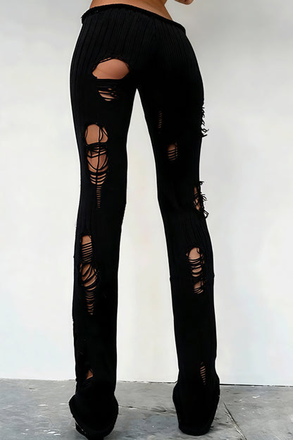 Solid Cutout Distressed Slim Edgy Pants