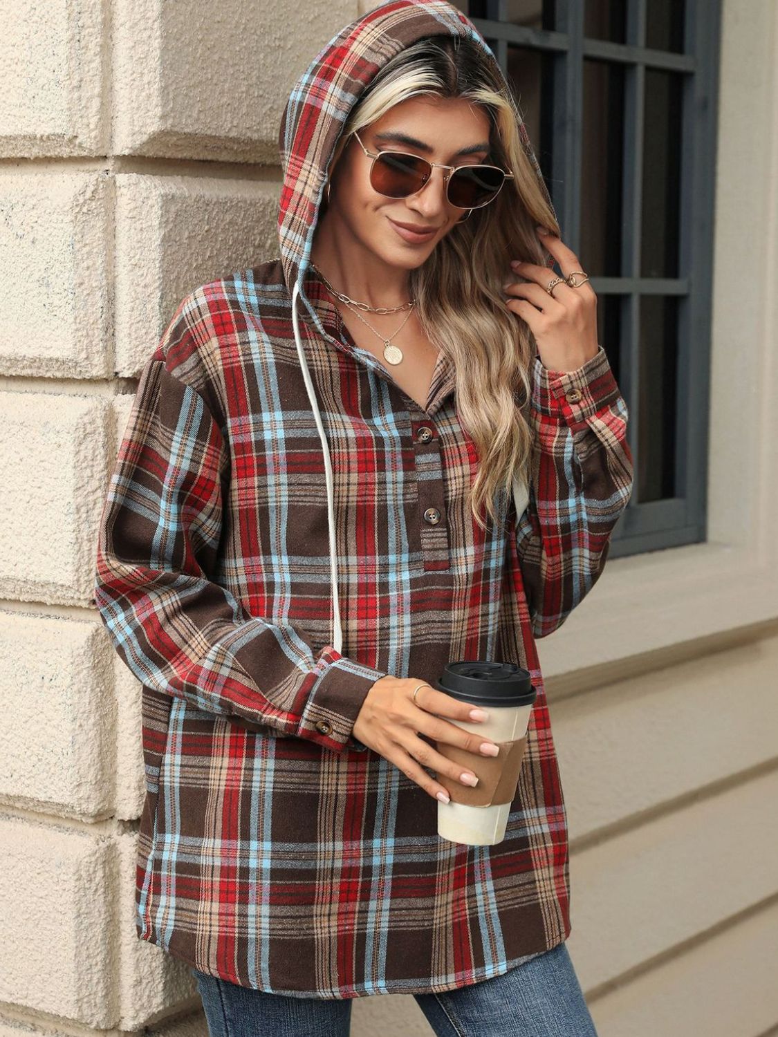 Nathalie | Long sleeve top with drawstring and checked hood