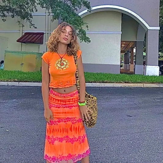 Aesthetic Floral Printed Skirt Bright Boho Casual Beach Skirt