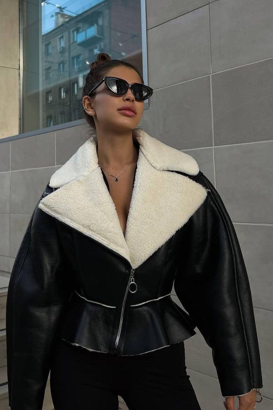 Chic Odd Zip Leather Fur Pieced Coat
