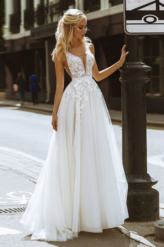 Minimal Deep V Backless Lace Wedding Dress