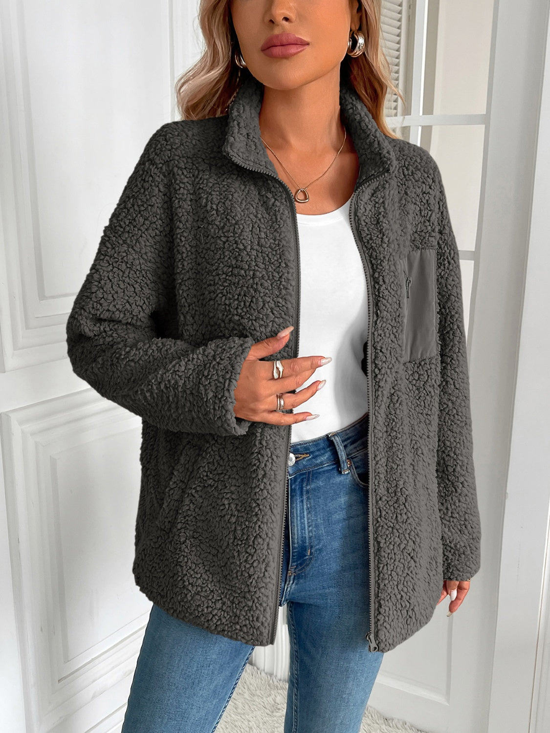 Camila | Ivy Lane fluffy jacket with long sleeves and zip