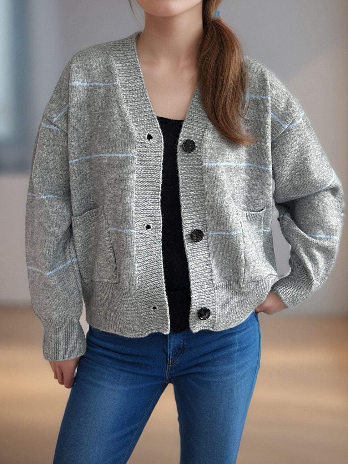 Flavia | Striped, long-sleeved cardigan with button placket and V-neck