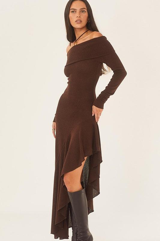 Mariana® | Off-The-Shoulder Flared Midi Knit Dress