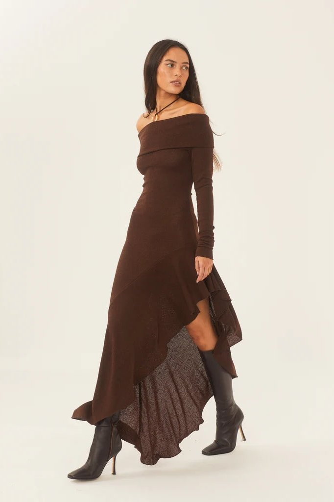 Mariana® | Off-The-Shoulder Flared Midi Knit Dress