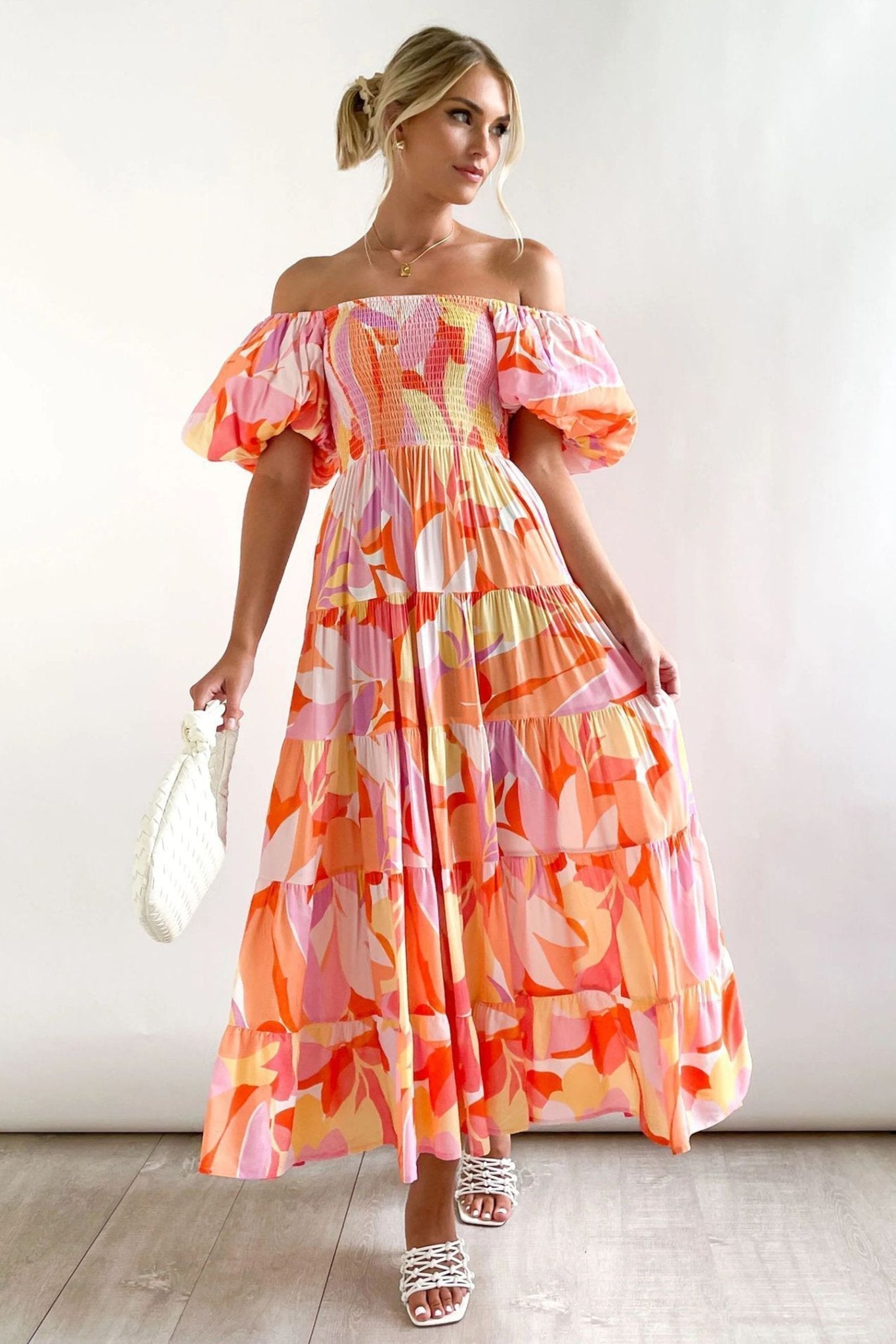 Oriana® | Printed Off-The-Shoulder Tiered Maxi Dress With Puff Sleeves