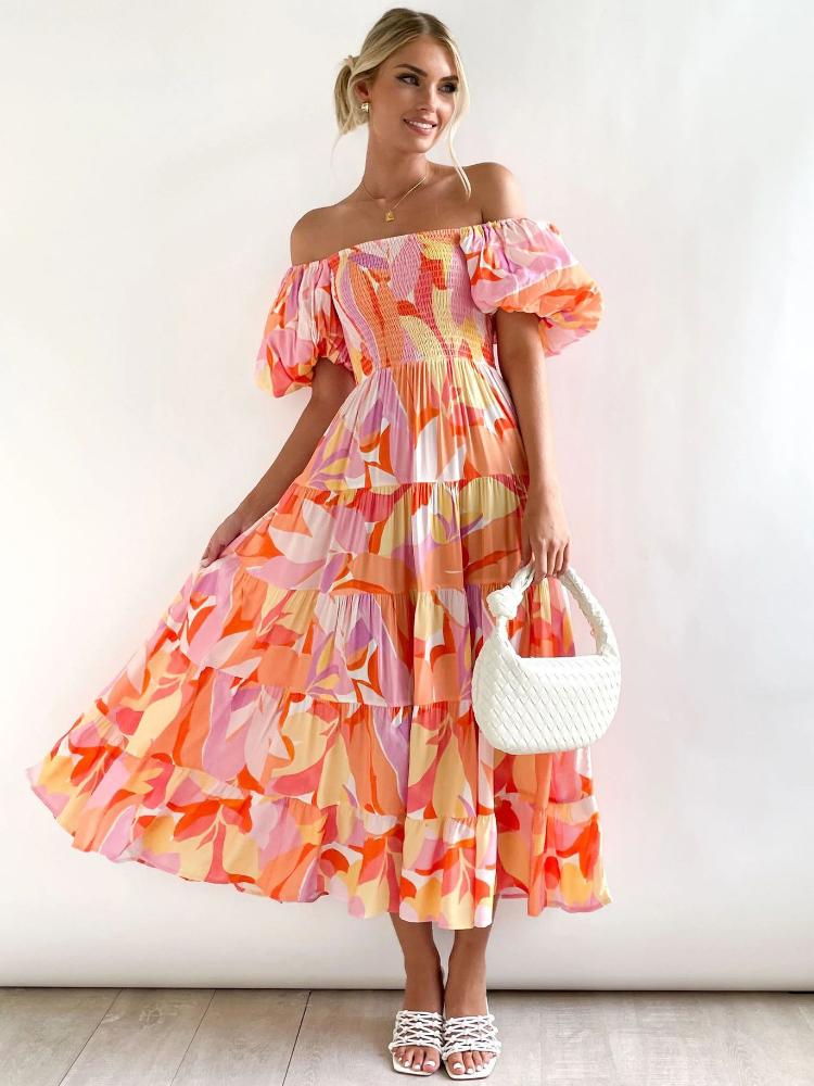 Oriana® | Printed Off-The-Shoulder Tiered Maxi Dress With Puff Sleeves