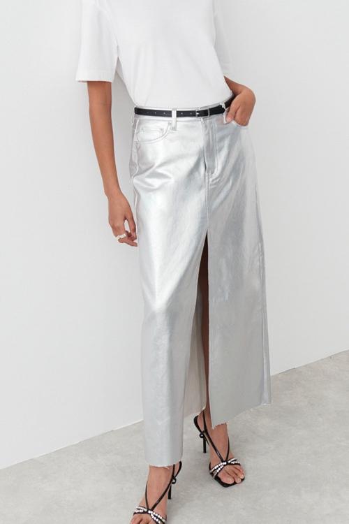 Raquel® | Maxi Slit Skirt In Metallic