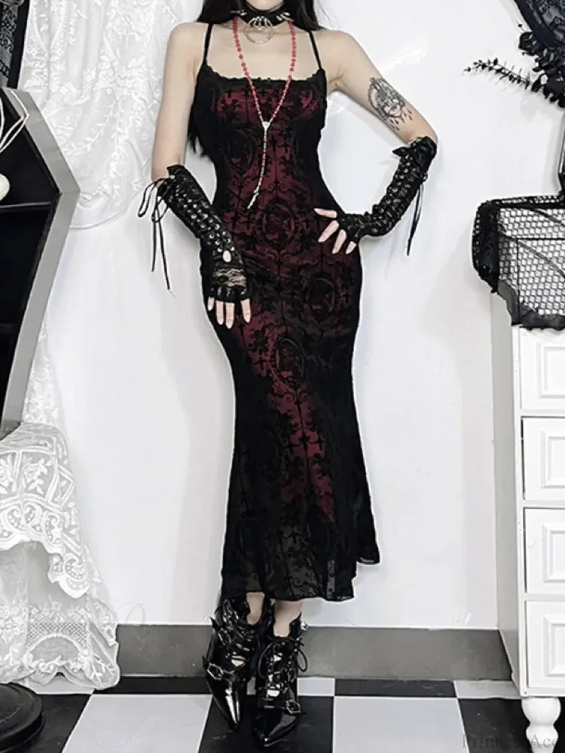Antique Cross Design Spaghetti Midi Dress