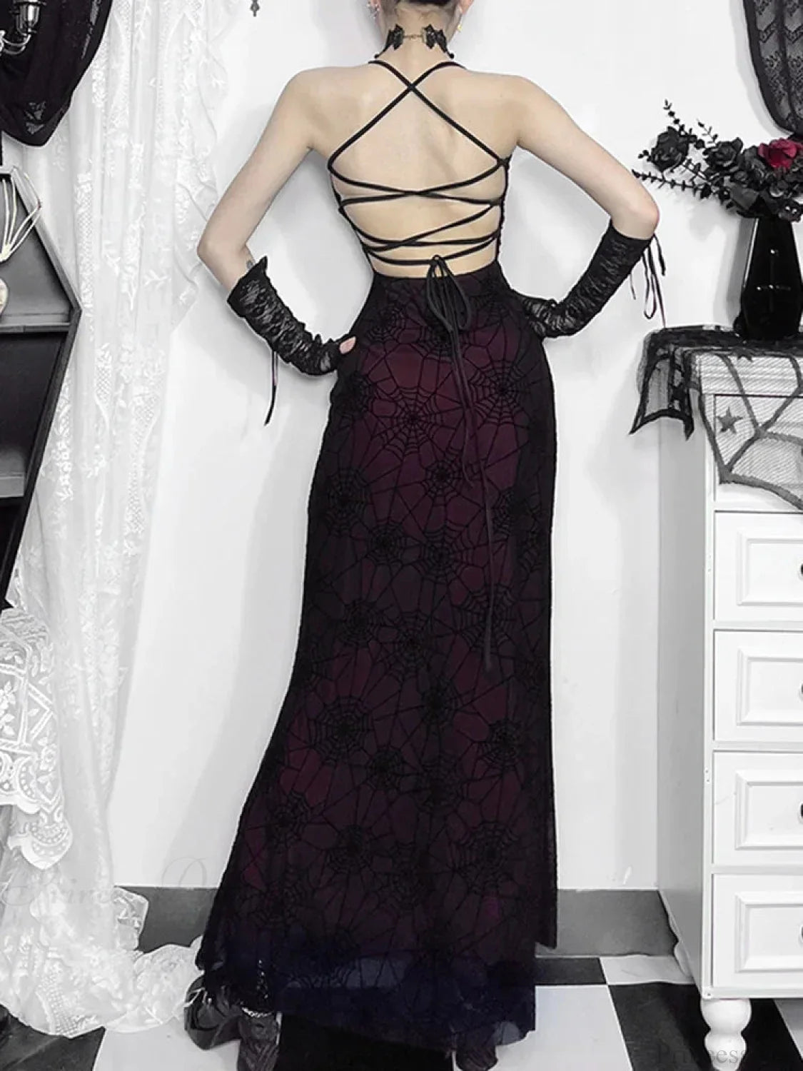 Antique Gloomy Arachnid Net High Waist Full-Length Dress