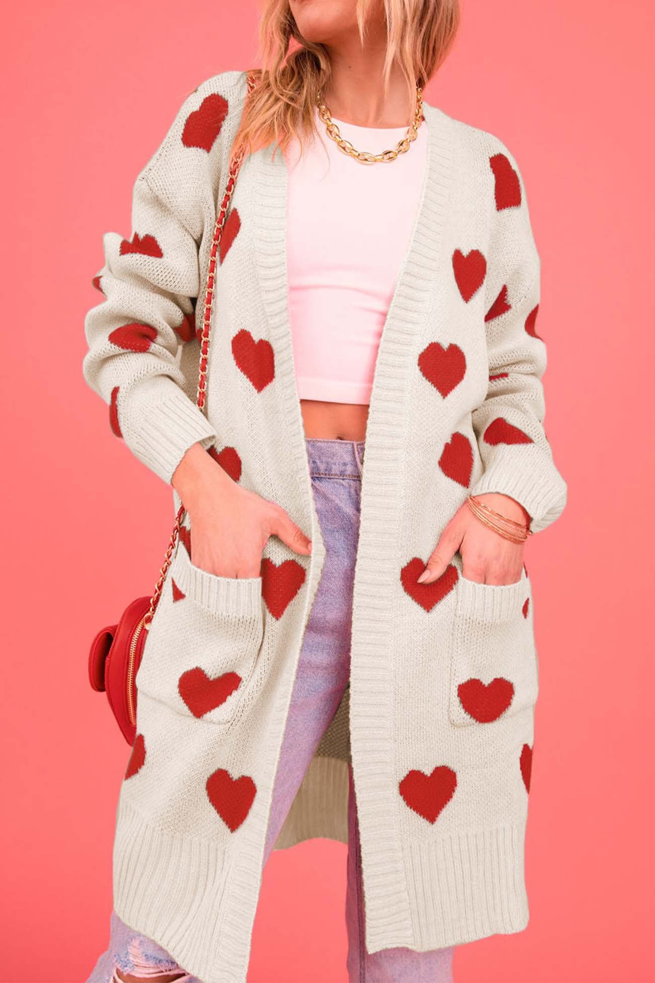 Kristina | Long cardigan with a sweetheart neckline and open front pocket