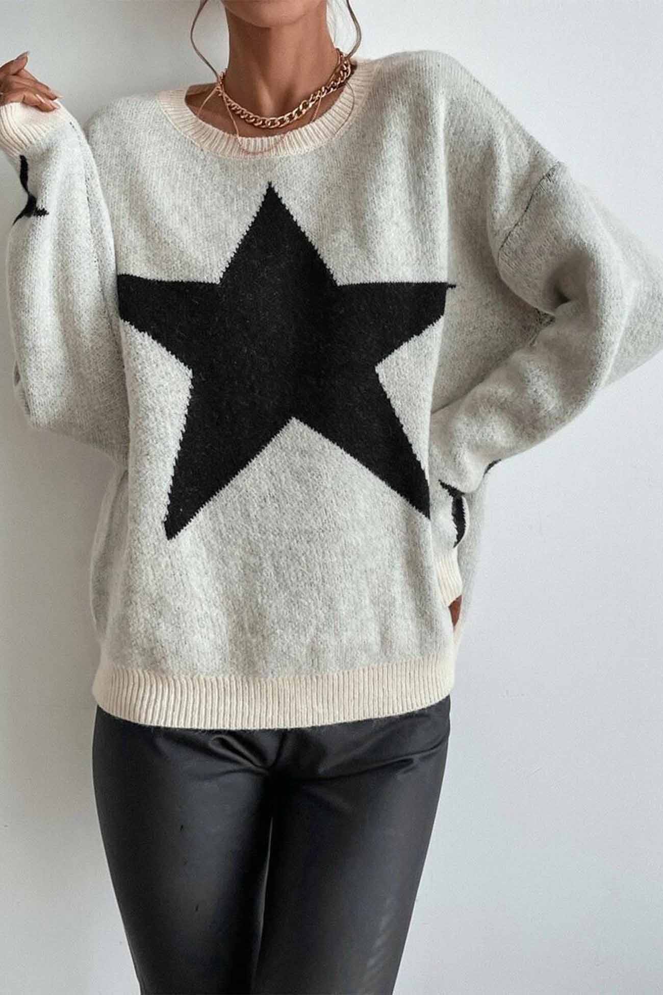Greta | Long-sleeved knitted jumper with a crew neck and a star pattern