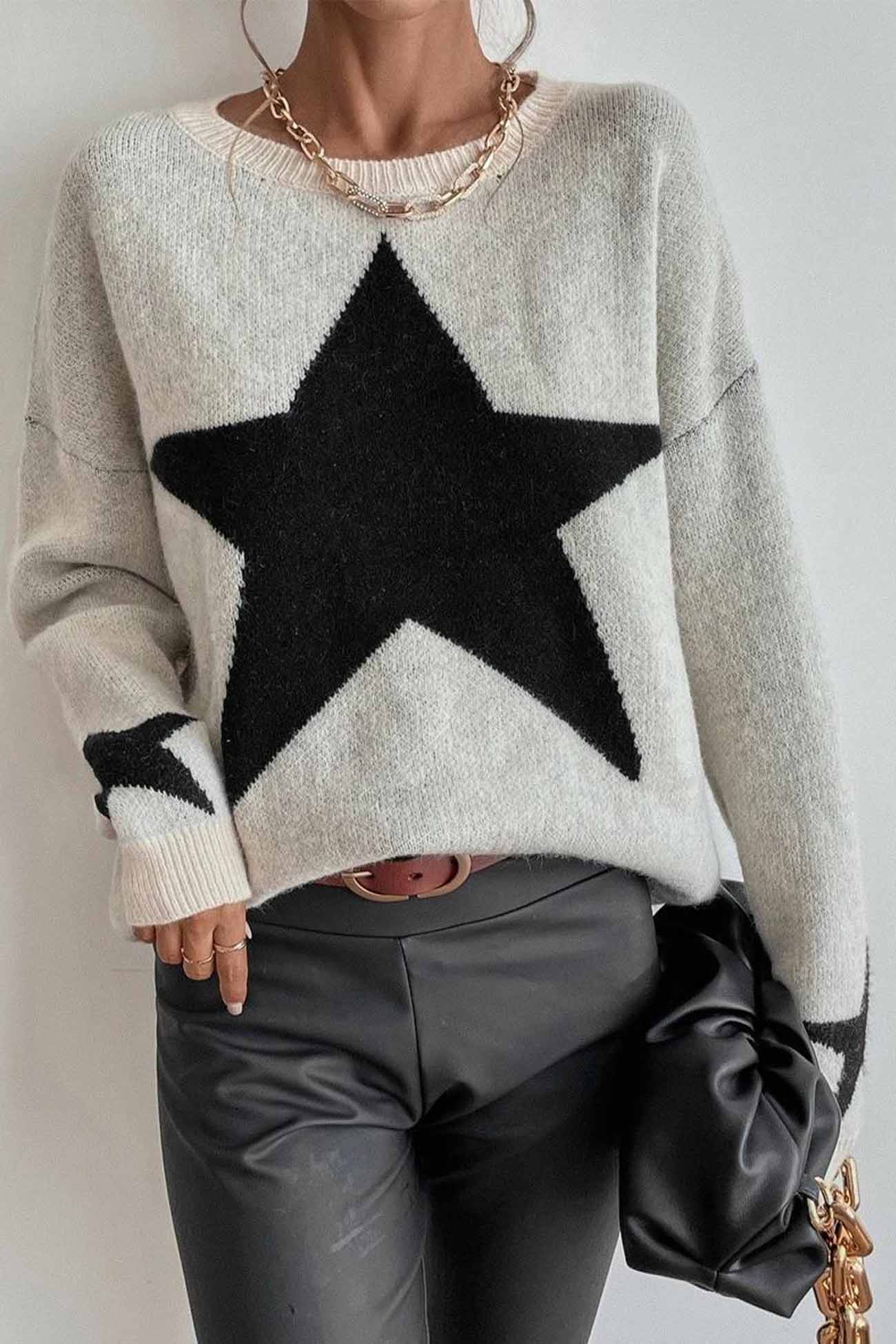 Greta | Long-sleeved knitted jumper with a crew neck and a star pattern