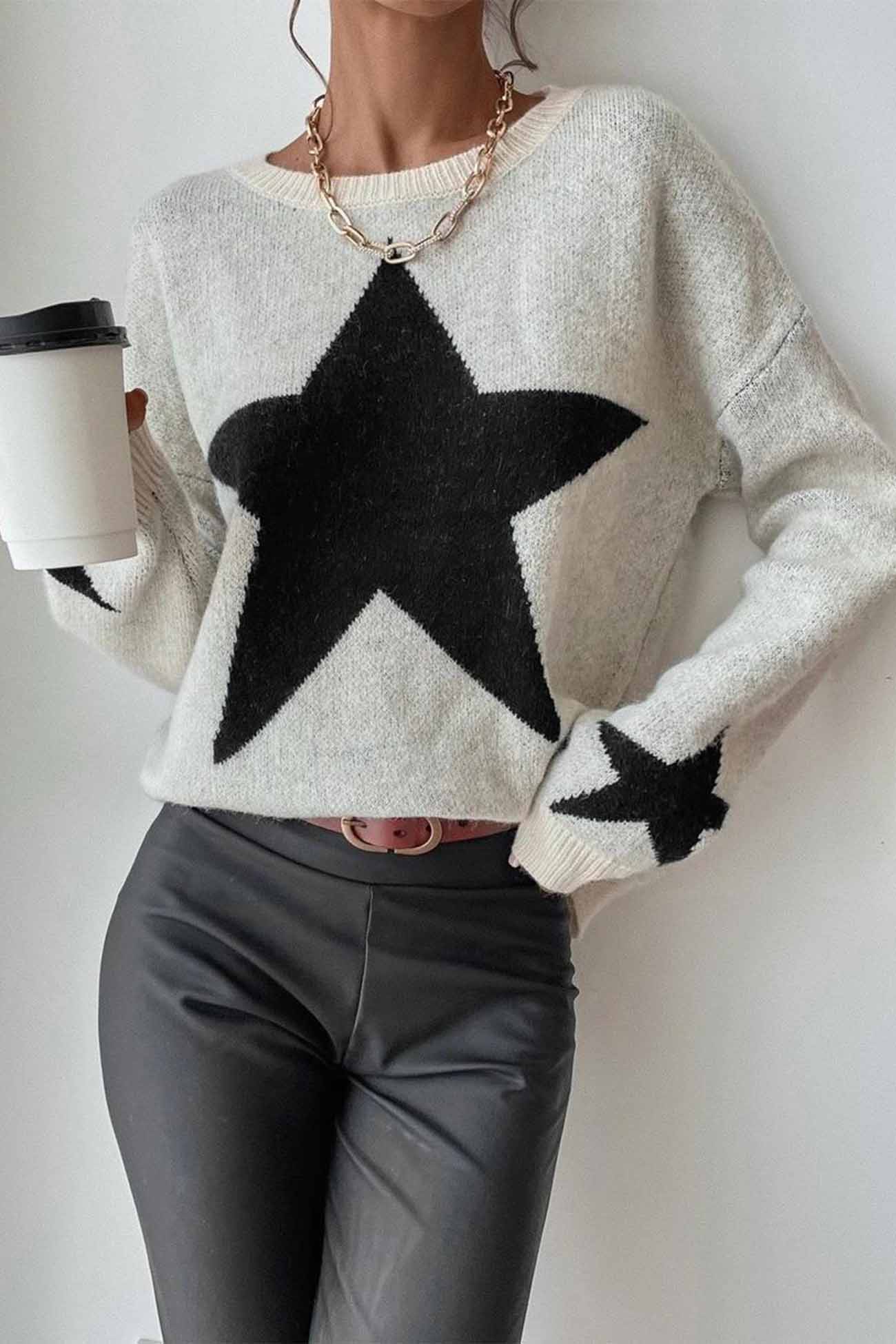 Greta | Long-sleeved knitted jumper with a crew neck and a star pattern