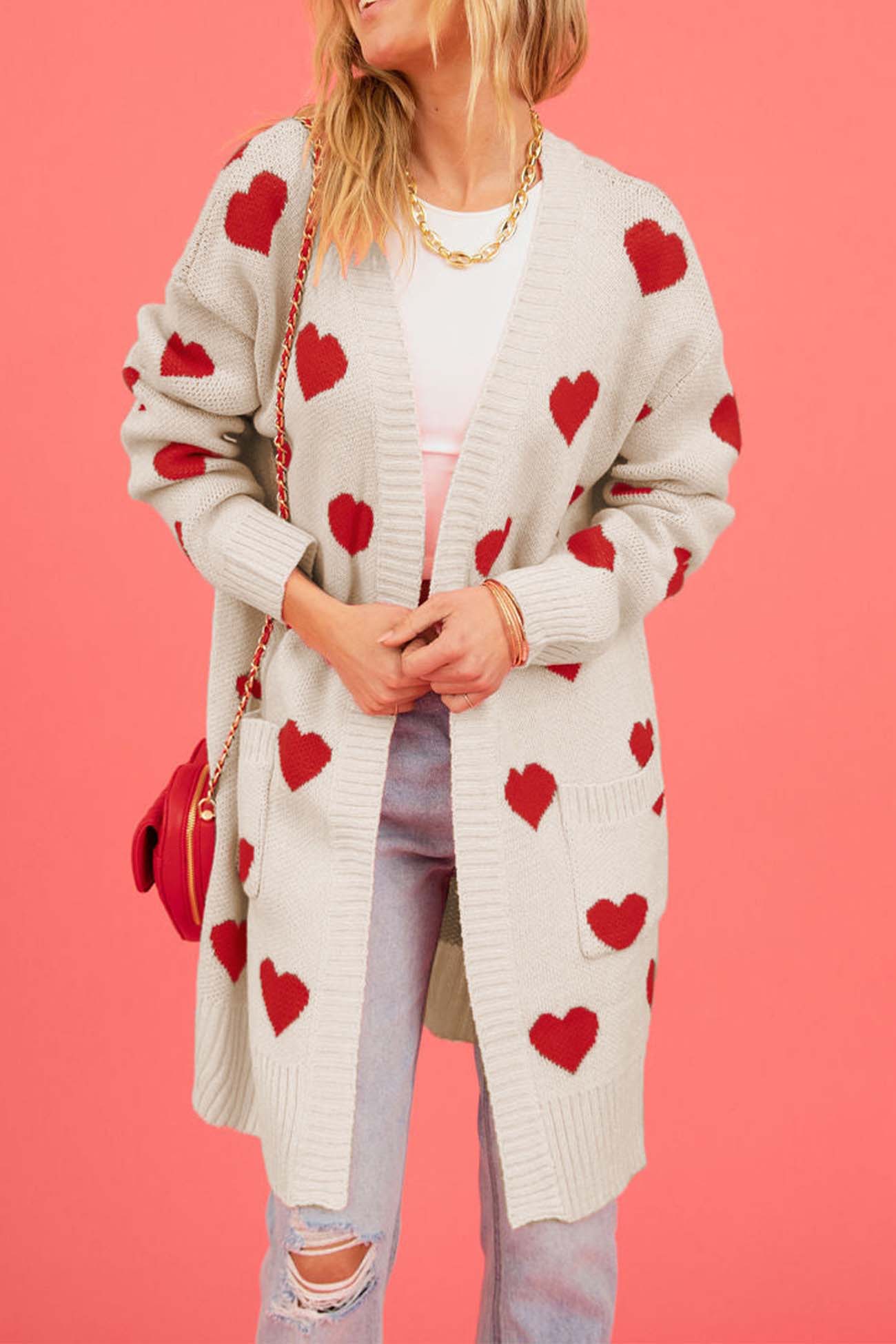 Kristina | Long cardigan with a sweetheart neckline and open front pocket