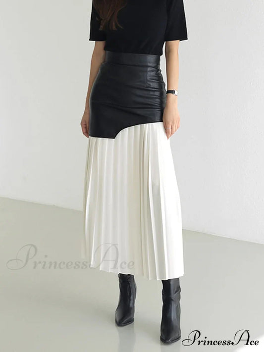 Asymmetric Patchwork Faux Leather Modern Chiffon Pleated Midi Skirt